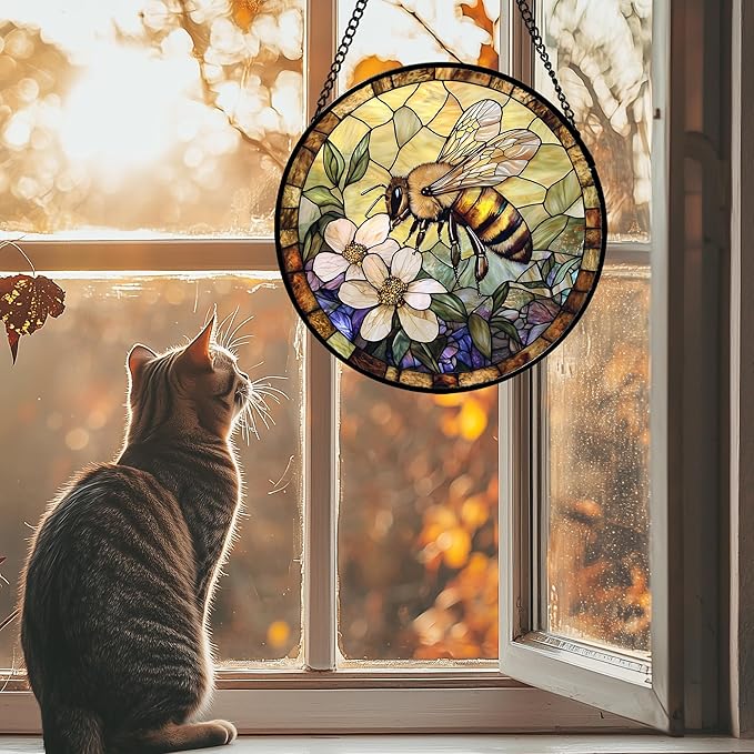 Stained Glass Window Hanging, Vintage Bee Yellow Flower Sun Catcher for Window Door Home Decor Suncatcher Christmas Mother's Day Birthday Gifts for Women Men Mom and Nana 9.8 in