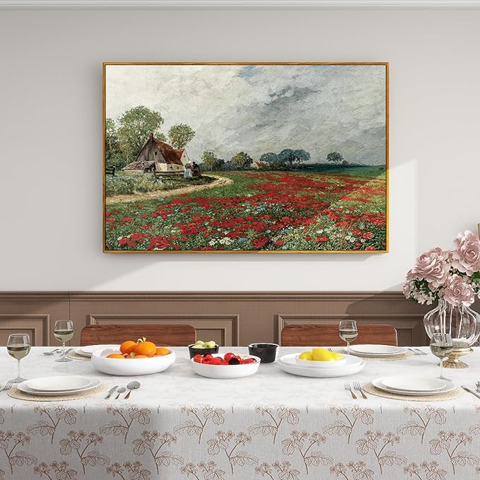 crmotu Vintage Framed Wall Art, Flower Field Farmhouse Landscape Painting, Daisy Floral Canvas Art Prints, Countryside Scenery Retro Wall Decor Living Room Kitchen Bedroom Decor Aesthetic 16x24in