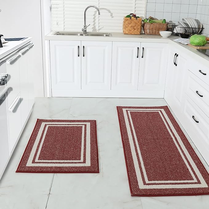 COSY HOMEER Kitchen Rugs Non-Slip 24x35/24x60 Inch Thick Polypropylene Standing Mat for Home Machine Washable, Red Frame