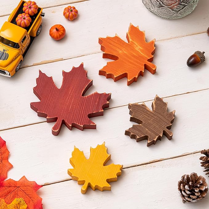 4PCS Fall Wooden Leaves Decor Wood Maple Leaf Sign Thanksgiving Table Decor Gift for Autumn Farmhouse Rustic Centerpieces Tabletop Tiered Tray Shelf Props Vintage Harvest Home Indoor Decorations