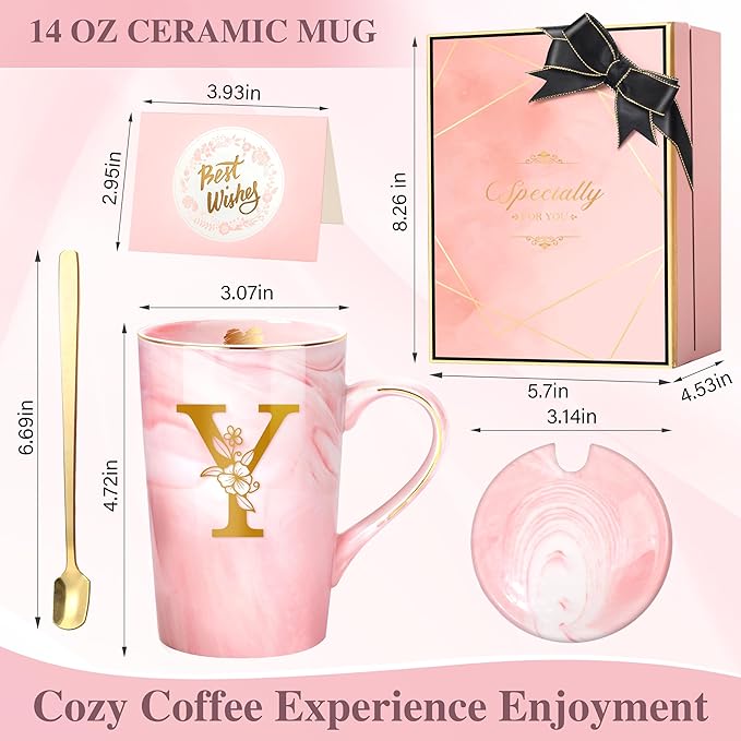 Coffee Mugs - Birthday Gifts for Women, Personalized Initial Customized Mug Tea Cup with Lid 14 Oz Pink, Spoon Greeting Card, Luxury Gift-Boxed Christmas Gift for Her Wife Mom Grandma Friend Unique,Y