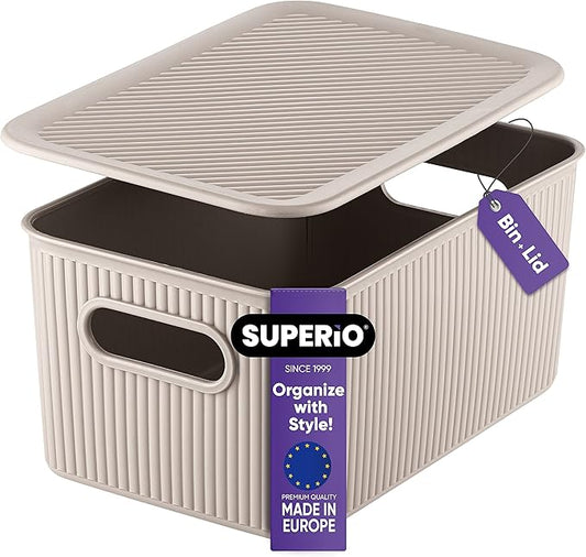 Superio Ribbed Collection - Decorative Plastic Lidded Home Storage Bins Organizer Baskets, Medium Taupe (1 Pack - 5 Liter) Stackable Container Box, for Organizing Closet Shelves Drawer Shelf
