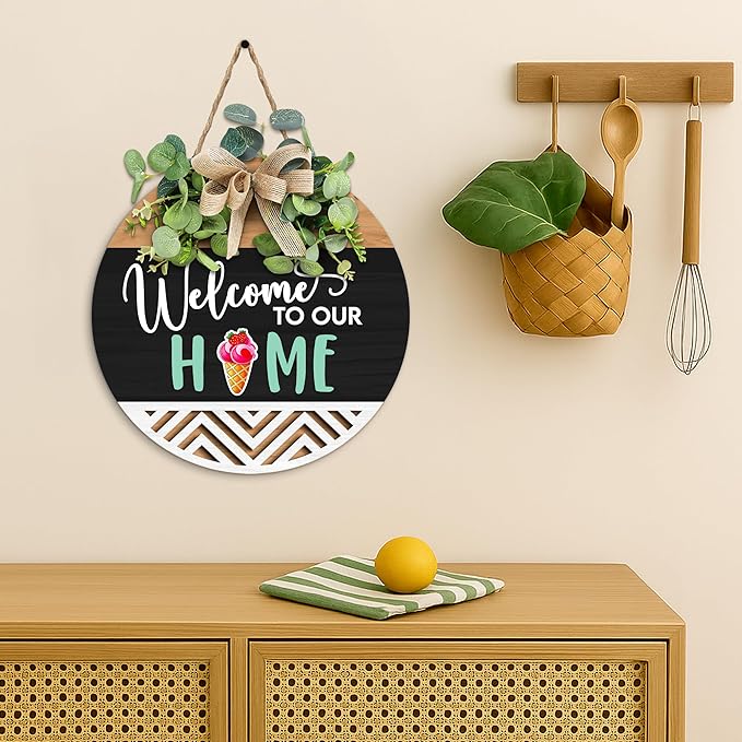 GOSSBY Interchangeable Welcome Sign for Front Door - WELCOME TO OUR HOME - Seasonal Rustic Wood Wreath - Hanging Wall Sign Decoration for Outside, Porch, Farmhouse - New Home, Housewarming Gift