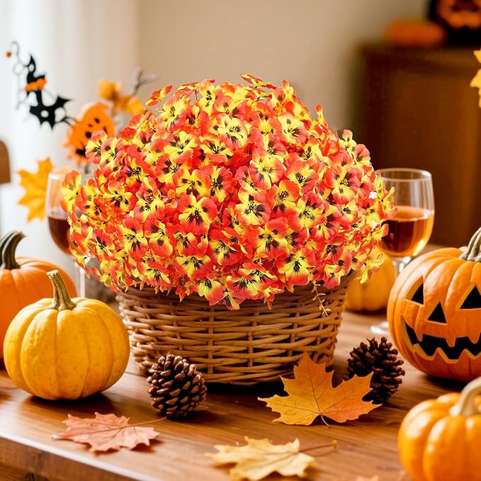 16 Bundles Artificial Fall Flowers for Outdoors, Realistic No Fade Fake Silk Flowers, Faux Fall Plants for Outside Planters, Porch, Patio, Garden Decor(Sunset)