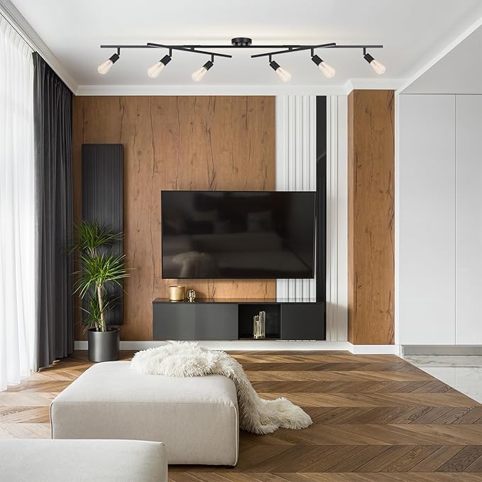 GLOBE Electric 64000125 64" 6-Light Double Center Swivel Track Lighting, Matte Black, Adjustable Pivoting Heads, Center Canopy, Modern Ceiling Light for Kitchen Island, Hallway, or Dining Room