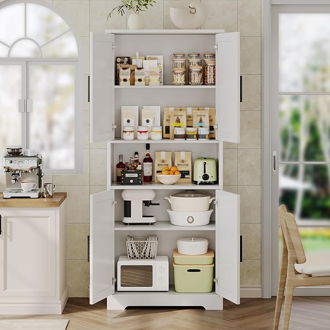GarveeHome 70 Inch Tall Kitchen Pantry Cabinet, Freestanding Storage Cabinet with 4 Doors and Adjustable Shelves, Utility Hutch Cupboard for Dining Room, Bathroom, Living Room (Style B, White)