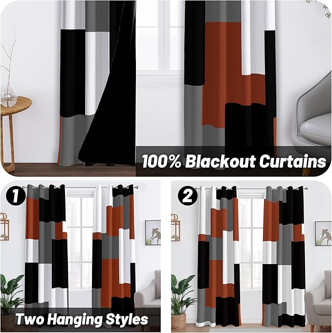 Burnt Orange 100% Blackout Curtains for Bedroom 84 inch Length 2 Panels Set Rust Modern Abstract Geometric Fall Black Out Curtains Insulated Room Darkening Window Drapes for Living Room, 52Wx84L