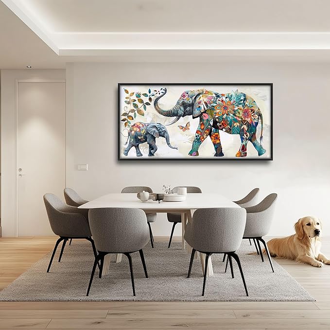 Abstract Elephant Large Framed Wall Art Oversized Floral Elephants Pictures Wall Decor Flower Leaf Butterfly Canvas Print Painting Aesthetic Modern Artwork for Living Room Bedroom Office Bathroom Home Decor 60L"x30W"
