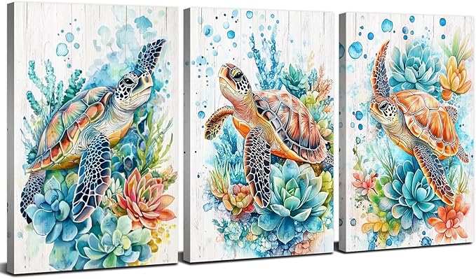 Sea Turtle Wall Art for Bathroom Ocean Decor Teal Succulent Pictures Beach Coastal Room Decor Vintage Marine Life Canvas Paintings Abstract Turtles Posters Artwork Home Bedroom Decorations 12x16” 3Pcs