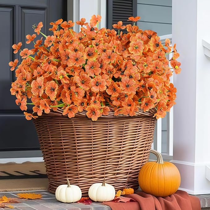 24 Bundles Artificial Fall Flowers for Outdoors, Realistic Fake Silk Flowers for Outside Decoration, Autumn Faux Plants Outdoor Planter Window Box Porch Patio Decor(Orange)