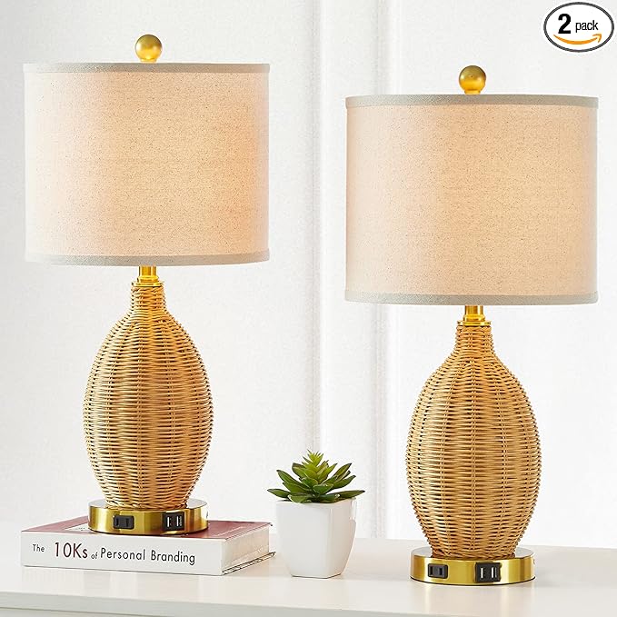 Touch Control Rattan Table Lamps, 3 Way Dimmable Bedside Lamps for Bedroom Set of 2 with 2 USB Ports and AC Outlet, Gold Wicker Nightstand Lamps for Living Room Office (LED Bulbs Included)