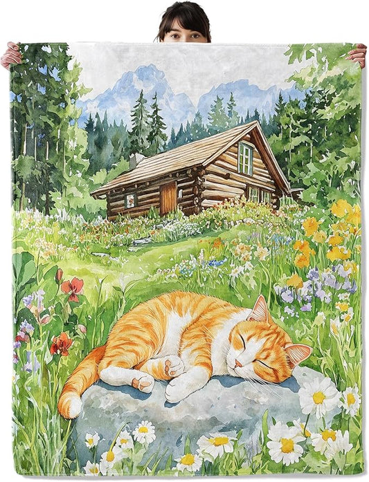 Sleeping Cat Blanket, Cozy Flannel Tabby with Log Cabin Throw Blanket, Soft Fuzzy Blankets for Travel Home Decor, All Season Lightweight Couch Bed Cover, Gifts for Women Adults Kids 40"×50"