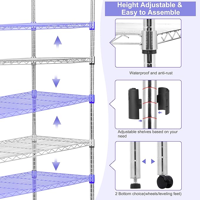 Whitmor 4 Tier Storage Shelves, Heavy Duty with Wheels, Adjustable Steel Organizer Wire Rack, 400 lbs Capacity per Shelf, Max 1600 lbs Total for Garage, Kitchen, Plant, 36" L x 14" W x 54" H, Chrome