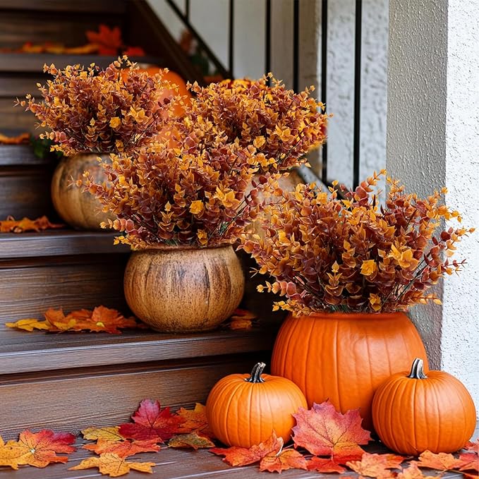 20 Bundles Artificial Fall Flowers for Outdoors Fall Decorations - UV Resistant Fake Mums Faux Plant Plastic Flowers Gardens Porch Fireplace Home Indoor Autumn Thanksgiving Decor(Brown Eucalyptus)