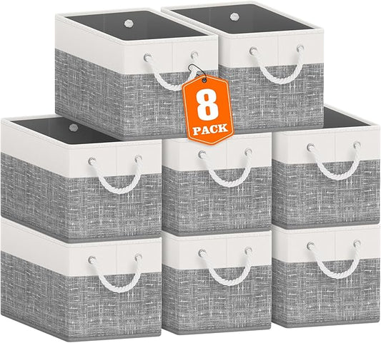 Fab totes Storage Bins [8-Pack], Foldable Storage Baskets for Organizing Toys, Books, Shelves, Closet, Large Storage Box with Rope Handles, Sturdy Organizer Bins, White & Grey