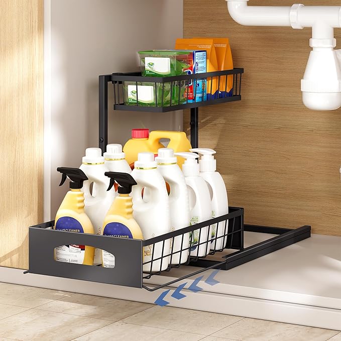 Under Sink Organizer, 2 Pack Height Adjustable Cabinet Organizer with Slide Out Drawer, Pull Out Under Sink Storage, Multi-Purpose 2 Tier Sink Shelves for Kitchen Bathroom Pantry (Black, 2 Pack)