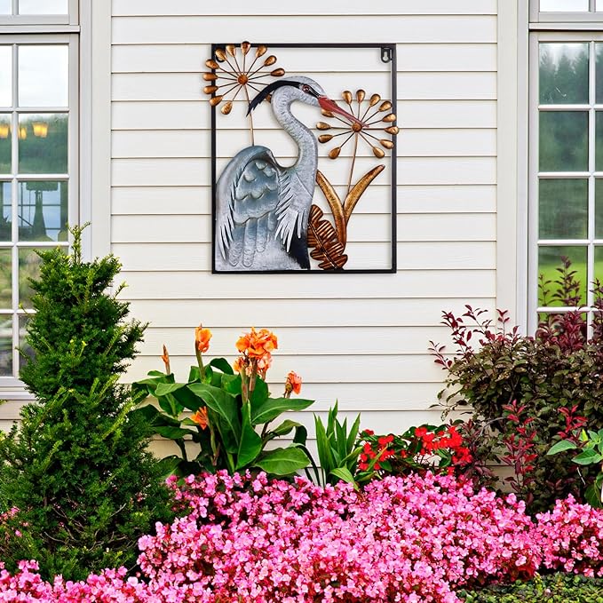 Ratuor Metal Bird Wall Art 3D Heron Wall Sculpture 16 Inch Outdoor Decor Hanging Crane Wall Decoration for Living Room Garden Bedroom Office Home Housewarming Party Vivid Color