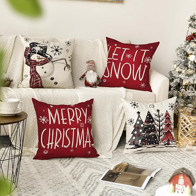 AVOIN colorlife Merry Christmas Snowman Let It Snow Throw Pillow Covers, 18 x 18 Inch Xmas Tree Winter Holiday Cushion Case Decoration for Sofa Couch Set of 4