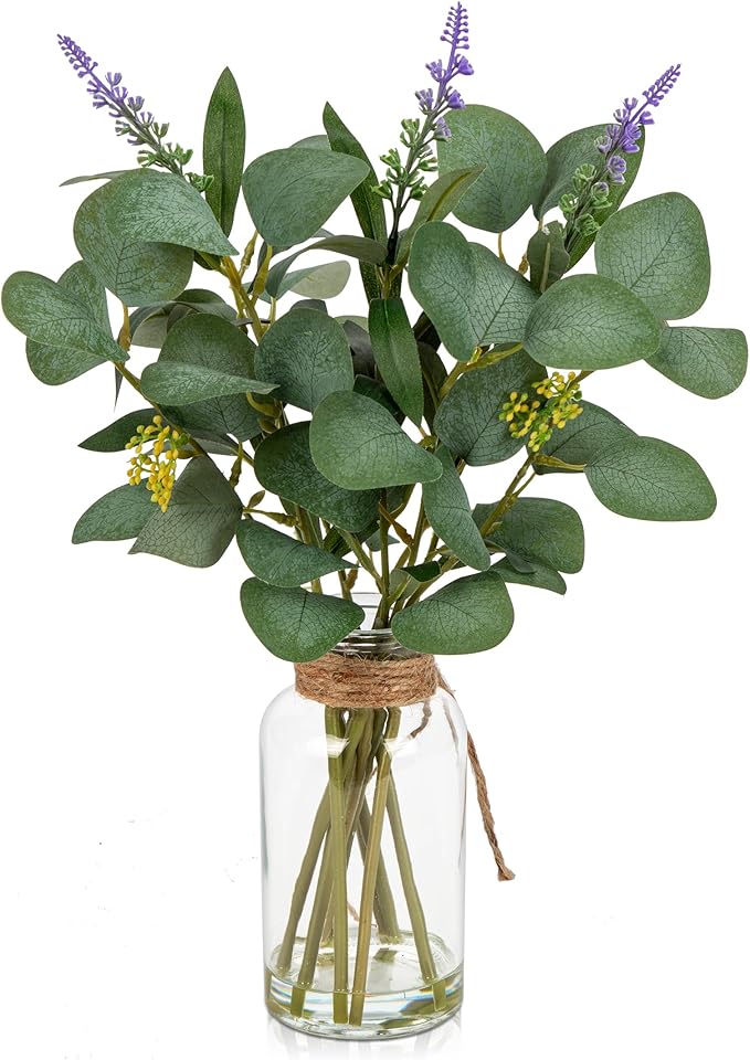 Briful Artificial Eucalyptus Stems in Glass Vase with Faux Water, 14" Fake Plant Eucalyptus with Lavender for Home Office Farmhouse Wedding Centerpiece Bathroom Décor