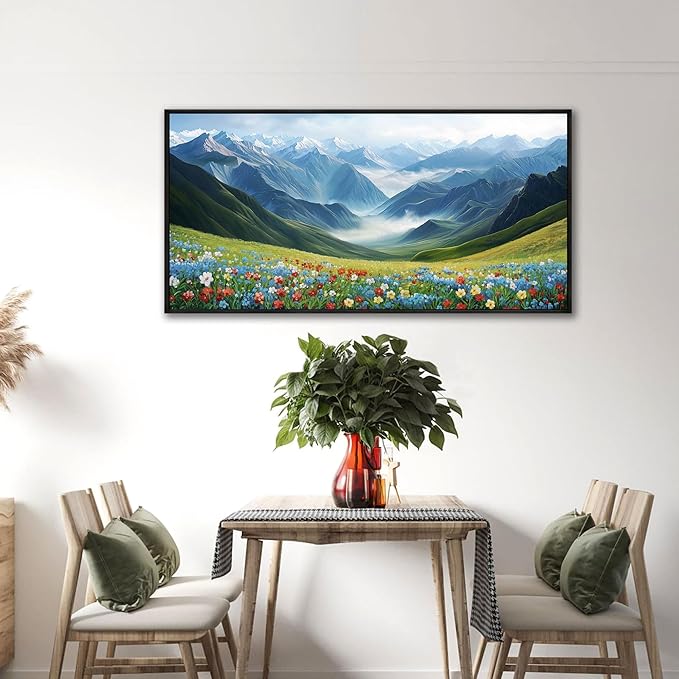KLAKLA Mountain Wall Art - Large Landscape Living Room Wall Decor Rustic Wild Daisies Misty Forest Snowy Mountains Canvas Picture Framed Artwork for Walls - 40x20 Inches