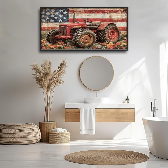 Framed Large Wall Art for Living Room, Farmhouse Tractors Canvas Wall Decor, Large Rustic Country Wildflowers Pictures Framed Painting, Natural Landscape Artwork for Bedroom Office Home Decor 60L'' × 30W''