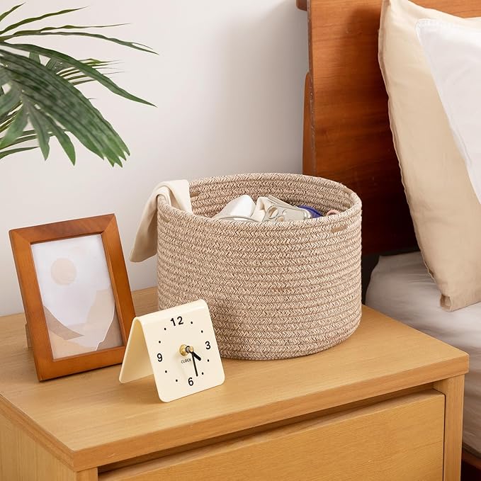 OIAHOMY Small Storage Baskets for Organizing,Closet Cube Shelf Storage, 9.8”×9.8”×7.1”, Woven Cotton Rope Gift Baskets for Nursery,Cute Dog Toy bins, Round 3 Packs, Brown