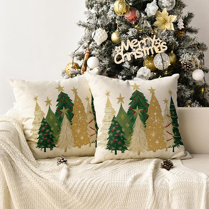 AVOIN colorlife Christmas Trees Star White Throw Pillow Covers Set of 2, 18 x 18 Inch Snowflake Seasonal Winter Holiday Cushion Case Decoration for Sofa Couch