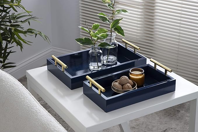 Kate and Laurel Lipton Modern Tray Set, Set of 2, Navy Blue and Gold, Glam Decorative Trays for Storage and Display