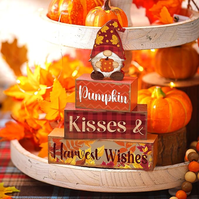 4 Pcs Fall Decor for Home Gnomes Wooden Signs with Sayings Fall Gnomes Tiered Tray Decor Autumn Harvest Tabletop Centerpiece Pumpkin Block Signs for Thanksgiving Office Kitchen Shelf
