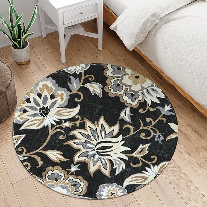 Lahome Floral Black Round Rugs - 3Ft Washable Round Area Rug Non-Slip Small Round Entryway Rug Throw Soft Bedroom Circle Rug Paisley Print Accent Distressed Circular Rug for Bathroom Sofa Living Room