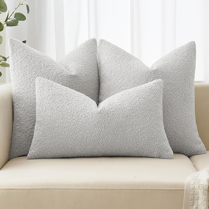 MIULEE 18x18 Inch Decorative Pillow Covers for Couch Bed Set of 2 Textured Boucle Neutral Throw Pillows Light Grey Accent Solid Cushion Pillowcase Cozy Soft Sofa Livingroom Home Decor