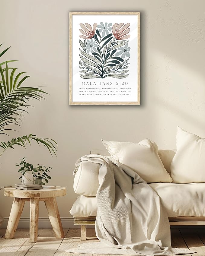 EcoHest Bible Verse Floral Framed Wall Art, 12x16 in OAK Wood Boho Abstract Flowers Canvas Wall Art, Galatians 2:20 Home Decor, Beige Logs Boho Christian Set of 1 for Bedroom Living Room