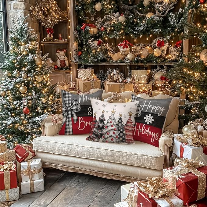 GEEORY Christmas Throw Pillow Covers 20 x 20 Inch Set of 4, Xmas Trees Merry and Bright Happy Holidays Farmhouse Decorative Cushion Cases for Home Decoration G418N-20