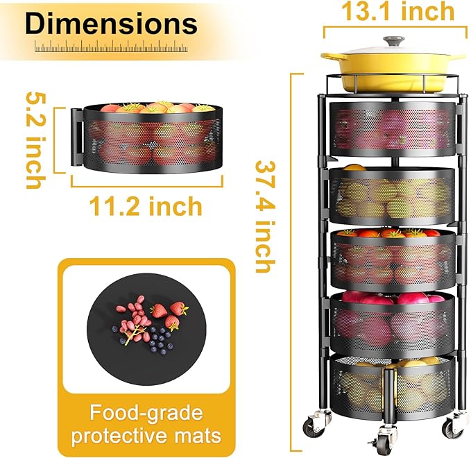 SNTD Fruit and Vegetable Basket Bowls for Kitchen with Metal Top Lid, 5 Tier Rotating Storage Rack Cart for Potato Onion Bread Banana, Wire Basket Organizer on Wheels, Large, Black