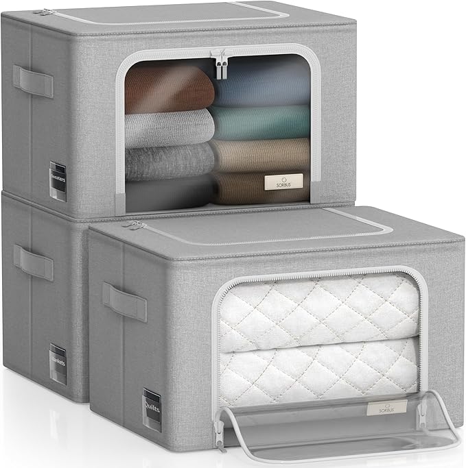Sorbus Storage Bins with Metal Frame - Stackable & Foldable Clothes Organizer Bags - Oxford Fabric Storage Containers with Large Clear Window & Carry Handles Organization for Bedding Linen & Clothing