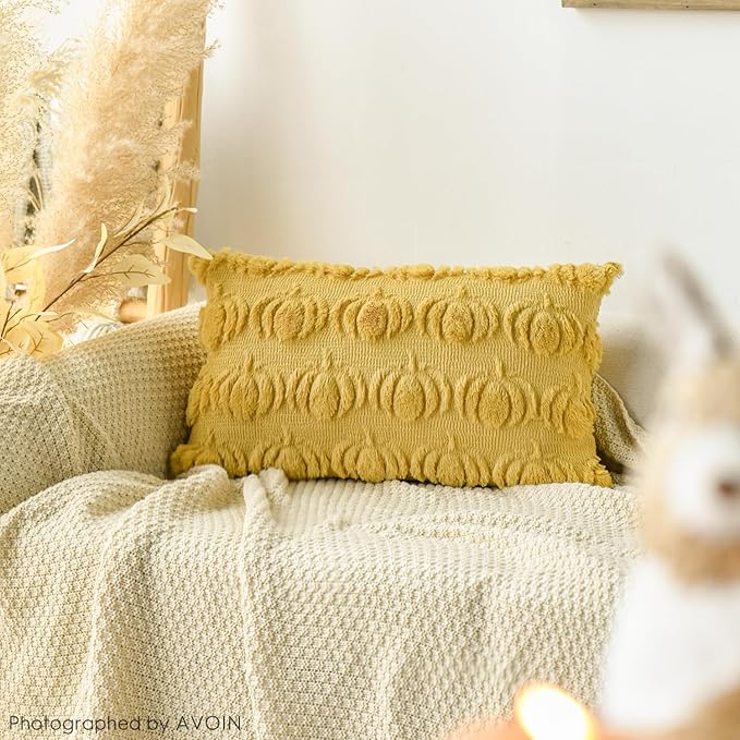 AVOIN colorlife Fall Pumpkin Ginger Throw Pillow Covers, 12 x 20 Inch Seasonal Autumn Thanksgiving Harvest Decoration Soft Plush Faux Fur Jacquard Cushion Case Decoration for Sofa Couch Set of 2