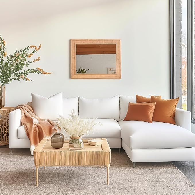 Rattan Wall Mounted Mirror 24"x32" Wood Framed Farmhouse Hanging Bathroom Mirror Decorative Rectangle Wall Mirror Leaning Against for Bedroom Living Room