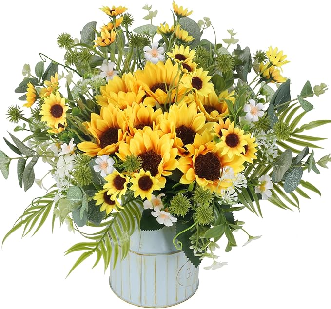 HUAESIN Artificial Flowers Fake Sunflowers 8 Bunches Silk Summer Flowers Faux Sunflower Arrangements for Table Centerpieces Home Kitchen Office Windowsill Hanging Wedding Decor