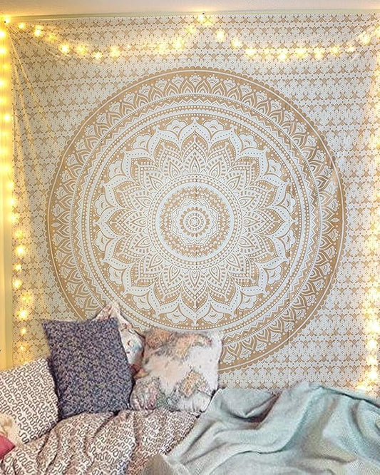 RAJRANG Golden Mandala Tapestry Wall Hanging Bohemian Ombre Art Hippie Bedroom and Living Room Boho Decor Cotton Tapestries Twin 84x54 Inches
