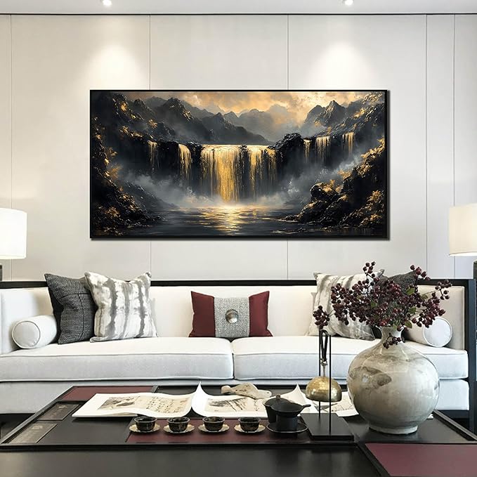 Waterfall Artwork for Wall Living Room - Mountain Pictures Wall Decor for Office - Large Black Framed Wall Art for Bedroom Size 29" x 59"