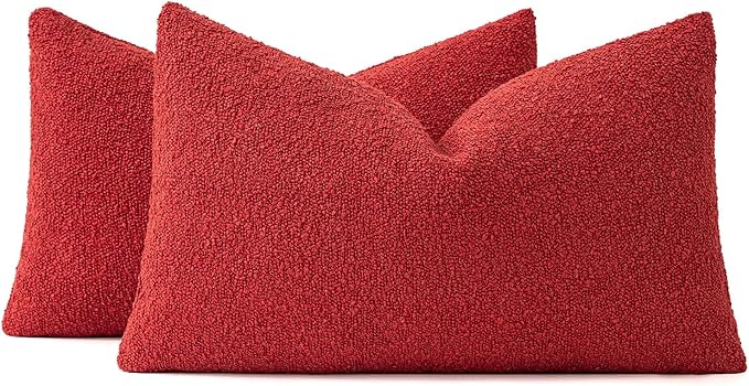 MIULEE 12x20 Inch Decorative Lumbar Throw Pillows for Bed Set of 2 Textured Boucle Neutral Throw Pillow Covers Red Accent Solid Pillowcase Cozy Soft Sofa Livingroom Home Decor