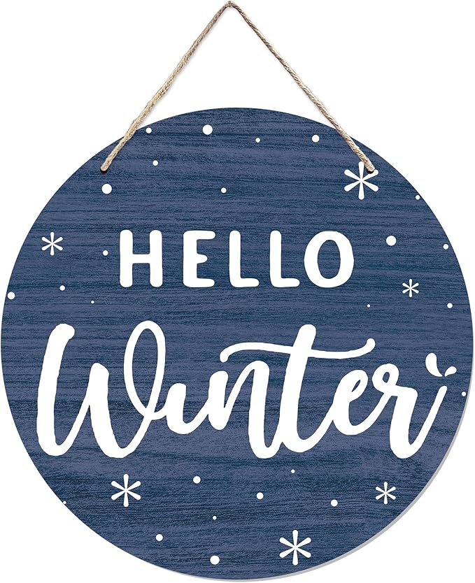 CGBHW Hello Winter Wooden Sign, Navy Blue Holiday Snowflake Hanging Sign Wall Decor for Room Home, Winter Wonderland Snowy Christmas Door Decor 12 x 6 Inch