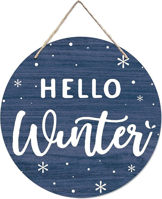 CGBHW Hello Winter Wooden Sign, Navy Blue Holiday Snowflake Hanging Sign Wall Decor for Room Home, Winter Wonderland Snowy Christmas Door Decor 12 x 6 Inch