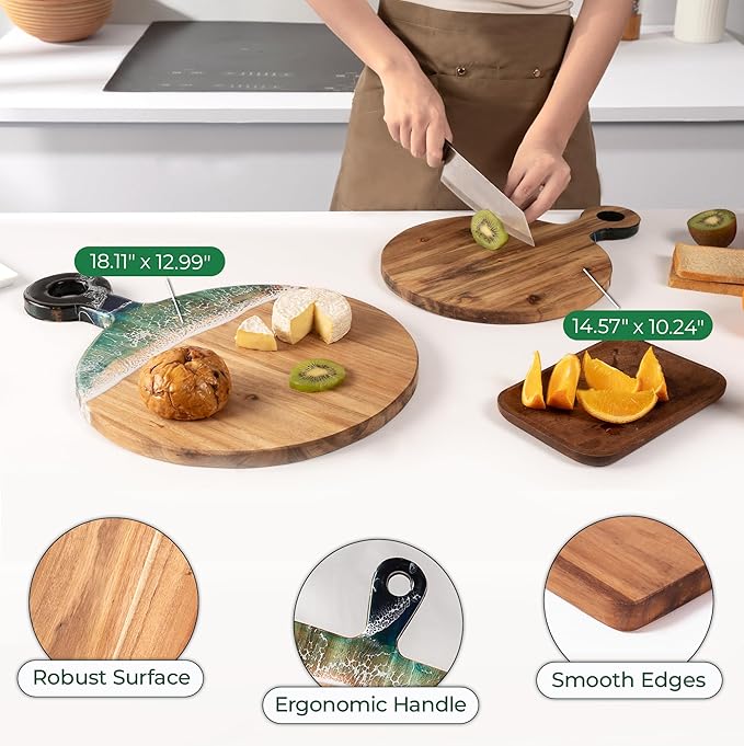 Acacia Wood Cutting Board with Ocean Resin Art, 14.6”x10.2”, Includes Stand & Loofah, Handcrafted Charcuterie Cheese Board & Serving Platter, Great for Décor, Housewarming, Weddings (Round)