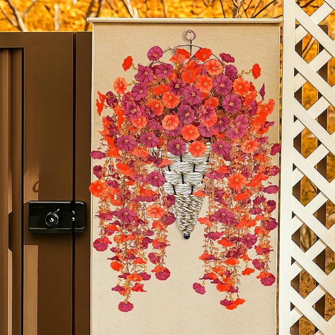 4 Pcs Artificial Hanging Flowers for Outdoor Fall Decoration, 4 Pcs Fake Fall Morning Glory Flowers UV Resistant Faux Petunias for Home Front Door Patio Decor (Dark Red Orange)