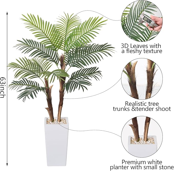 Artificial Palm Tree 5FT, Fake Tree with Realistic Fiber Trunks and White Tall Planter, Faux Tropical Areca Floor Plant in Pot, Artificial Silk Plant for Home Decor Office Living Room Decor