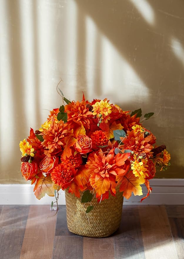 Anna's Whimsy 2 Pcs Fall Artificial Flowers,Artificial Plants Indoor, Fall Decor Silk Flowers Bouquet for Home Wedding Thanksgiving Decoration (Orange, 2)