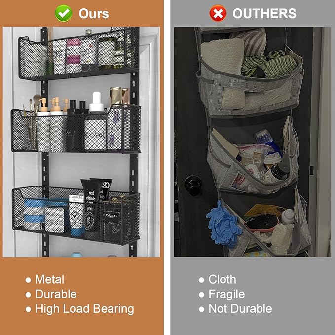 Over The Door Organizer, Metal Door Organizer Hanging with 5 Adjustable Baskets and Coat Hook, Behind The Door Storage for Bedroom Closet Bathroom Pantry Cabinet Kitchen, Black