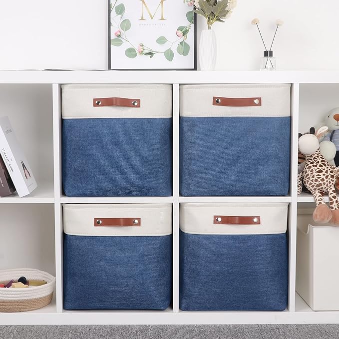 Temary Blue Storage Baskets for Shelves 13 Inch Cube Storage Bins 4Pack Fabric Cubes Basket with Handles for Organizing Shelf Baskets for Home Office Closet (White&Blue)