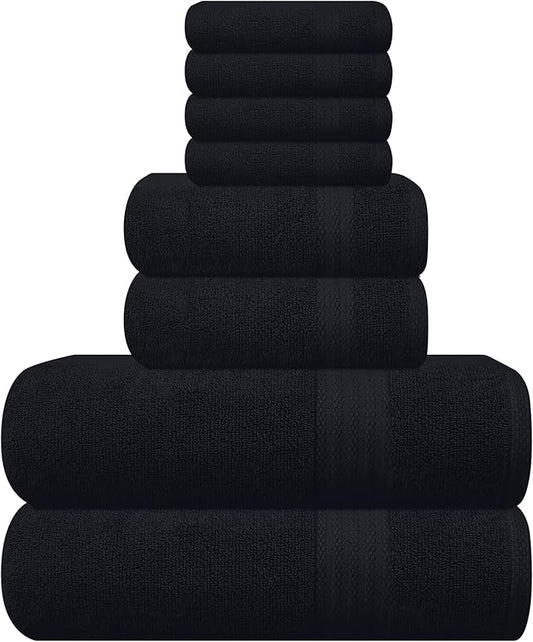 GLAMBURG Ultra Soft 8-Piece Towel Set - 100% Pure Ringspun Cotton, Contains 2 Oversized Bath Towels 27x54, 2 Hand Towels 16x28, 4 Wash Cloths 13x13 - Ideal for Everyday use, Hotel & Spa - Black